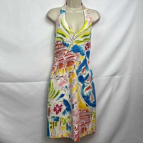 David Meister Silk flamingo beach print halter dress size 8 EUC - Picture 1 of 14